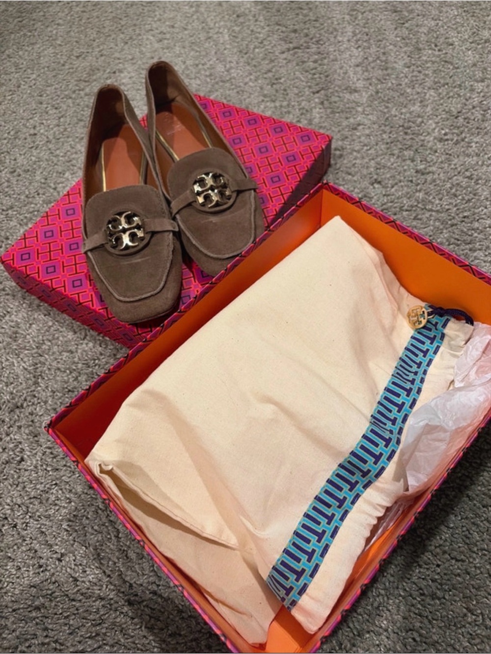 Tory Burch Chocolate Suede Logo Loafers